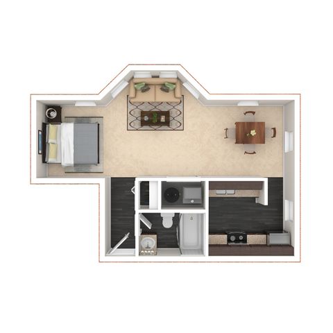 Modern floor plan showcasing a cozy studio apartment with an open-concept living and dining area, efficient kitchen, and sleek bathroom.