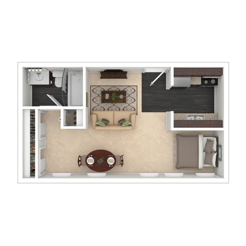 Charming studio floor plan featuring a cozy living area, modern kitchen, and elegant bathroom.