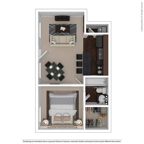 Modern floor plan showcasing a cozy 1-bedroom apartment with open living and dining area, sleek kitchen, spacious closet, and luxurious bathroom.
