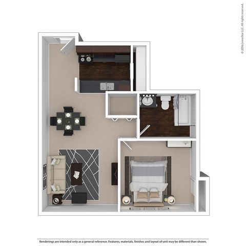 Elegant 3D floor plan showcasing a spacious one-bedroom apartment, featuring a modern kitchen, cozy living area, and a luxurious bathroom.