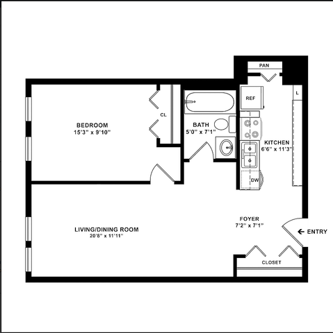 Inviting apartment floor plan showcasing a spacious living and dining area, a cozy bedroom, a modern kitchen, and a convenient bath. Perfect for comfortable urban living.