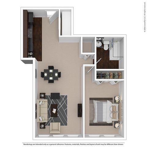 Modern 3D floor plan showcasing a spacious one-bedroom layout with an open-concept living and dining area, sleek kitchen, and elegant bathroom.