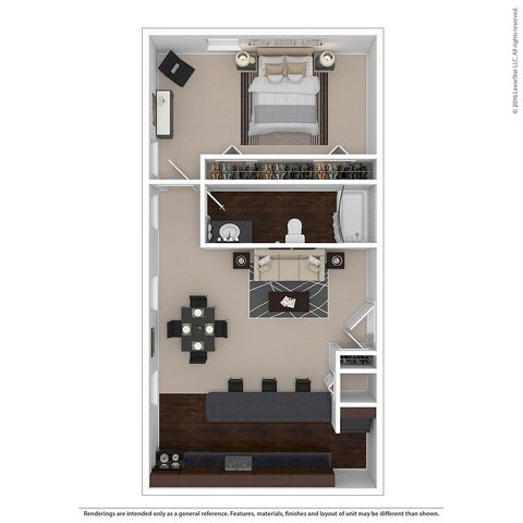Modern apartment floor plan featuring one spacious bedroom, open-concept living and dining area, elegant bathroom, and inviting kitchen.