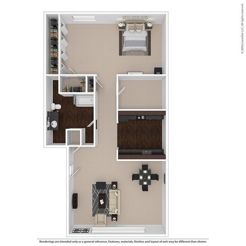 Modern floor plan showcasing a spacious one-bedroom apartment with an open-plan living and dining area, a stylish kitchen, a large closet, and a well-appointed bathroom.