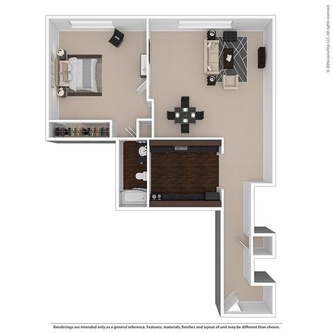 Modern floor plan showcasing a spacious one-bedroom apartment with an open living and dining area, sleek kitchen, and elegant bathroom.
