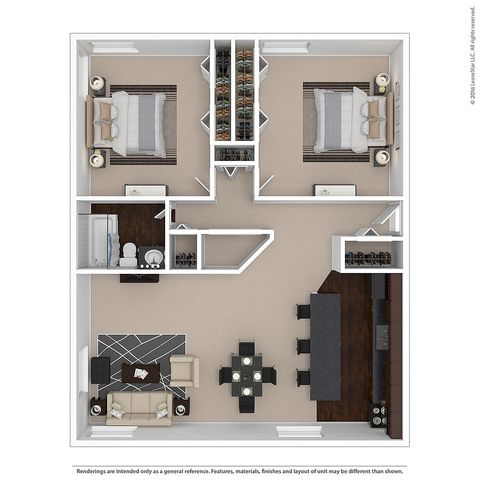 Contemporary floor plan showcasing two spacious bedrooms, an open-plan living and dining area, and a sleek kitchen design.