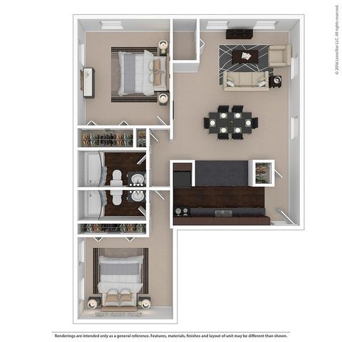 Modern 3D floor plan featuring two spacious bedrooms, a contemporary open-plan living and dining area, and a sleek kitchen.