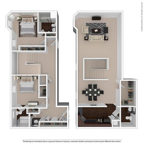 Elegant 3D floor plan showcasing two-story layout with 2 bedrooms, modern kitchen, spacious living and dining areas.