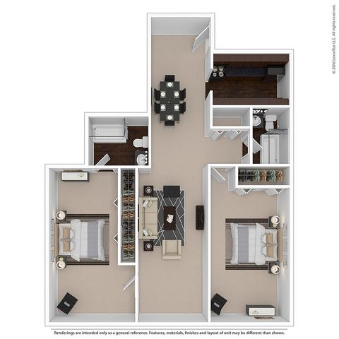 Chic 3D floor plan showcasing 2 spacious bedrooms, a modern kitchen, elegant dining area, and an inviting living room.