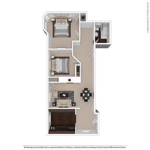 Elegant floor plan with two bedrooms, open living and dining area, and compact kitchen layout.