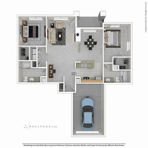 Modern apartment floor plan featuring 2 bedrooms, spacious living room, and sleek kitchen with attached garage.