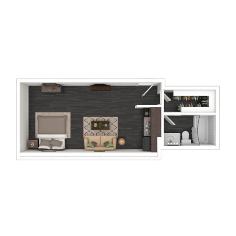 Modern studio floor plan showcasing an open-concept layout with a cozy bedroom, sleek kitchenette, and contemporary bathroom.