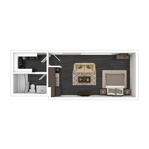 Modern studio apartment floor plan featuring a cozy living area, efficient kitchen space, spacious bedroom, and a sleek bathroom with ample closet storage.