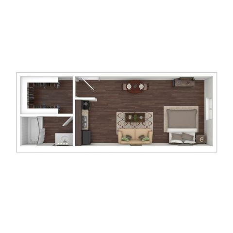 Modern studio apartment floor plan with elegant hardwood floors, cozy living area, stylish kitchen, luxury bathroom, and spacious bedroom.