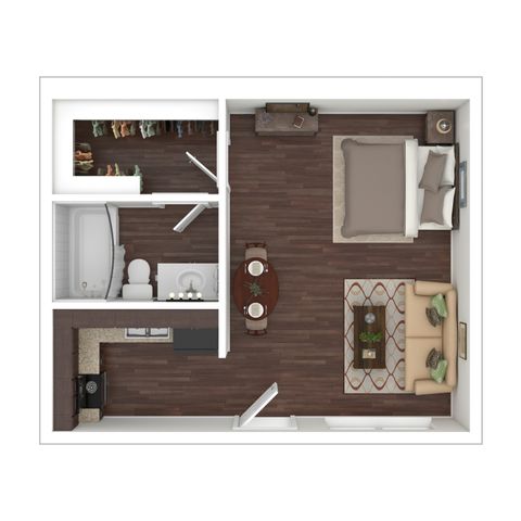 Elegant studio apartment floor plan featuring spacious living area, modern kitchen, full bathroom, and ample closet space.