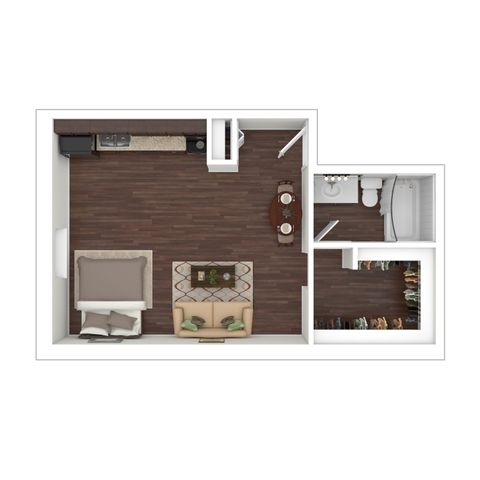 Chic studio apartment floor plan featuring a cozy living area, modern kitchen, stylish bathroom, and spacious closet.