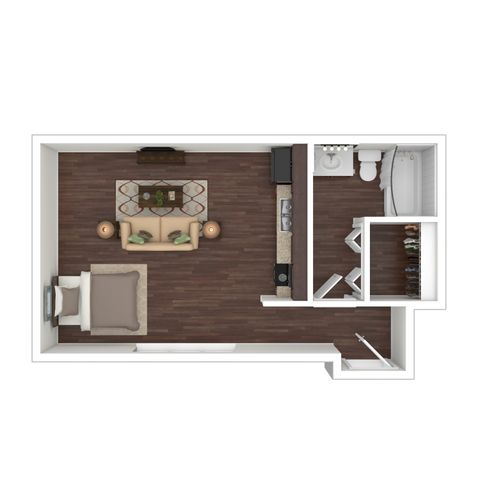 Modern studio apartment floor plan with open living area, sleek kitchen, and spacious bathroom.