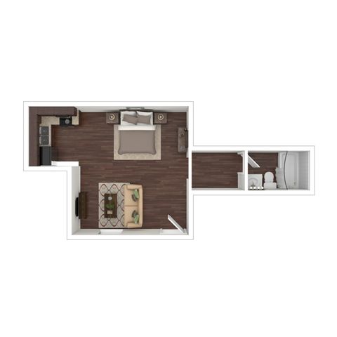 Modern floor plan featuring a cozy bedroom, stylish kitchen, and spacious living area, perfect for urban living.