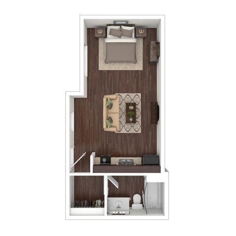 Chic studio apartment floor plan with elegant dark wood flooring, featuring a cozy living area, stylish bedroom nook, compact kitchen, and modern bathroom.