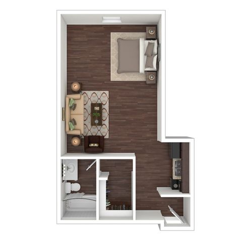 Chic studio apartment floor plan with cozy living area, modern kitchen, and stylish bathroom.