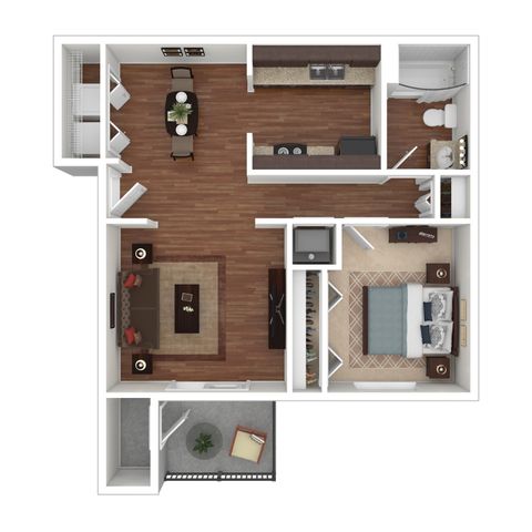 Contemporary 1-bedroom apartment floor plan featuring a spacious living area, sleek kitchen, cozy bedroom, and private balcony.