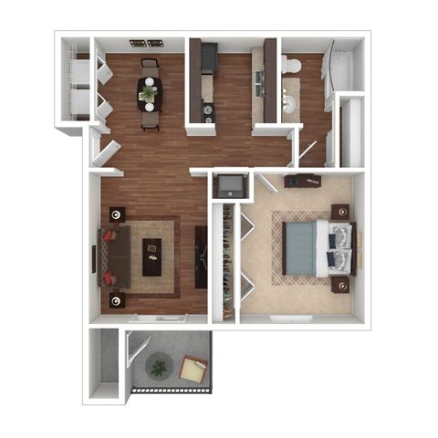 Modern floor plan showcasing a spacious 1-bedroom layout with a stylish living room, elegant kitchen, and cozy dining area. Includes a sleek bathroom and private balcony.