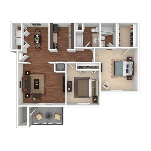 Elegant 2D apartment floor plan showcasing two spacious bedrooms, an open living area, cozy dining room, and modern kitchen.