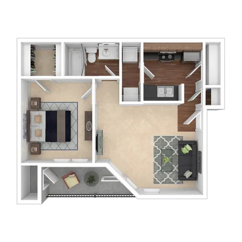 Modern apartment floor plan featuring a spacious bedroom, cozy living room, elegant kitchen, and stylish bathroom layout with a private outdoor patio.
