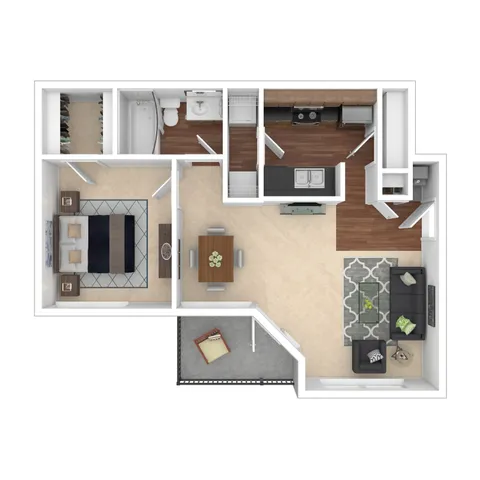Chic 1-bedroom apartment floor plan featuring an open living space, modern kitchen, cozy living room, spacious bathroom, walk-in closet, and inviting balcony.