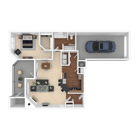 Modern floor plan featuring 1 spacious bedroom, open-concept kitchen and living area, dining space, bathroom, and attached garage. Cozy patio included for outdoor relaxation.