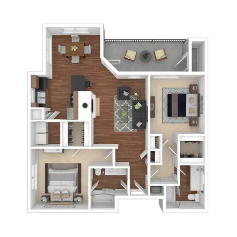 Modern 2D floor plan featuring two spacious bedrooms, stylish open-concept living area, elegant kitchen with island, and inviting balcony space.