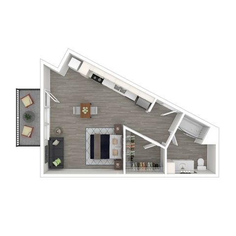 Modern floor plan showcasing a sleek studio apartment with open kitchen, cozy living area, stylish bathroom, and private balcony.