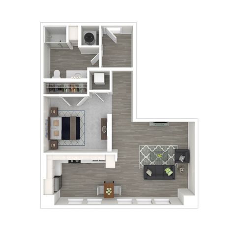 Modern L-shaped floor plan showcasing a spacious bedroom, stylish living area, and open kitchen with dining space.