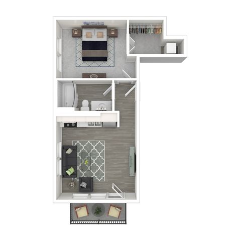 Modern 1-bedroom floor plan with open living space, stylish kitchen, and private balcony.