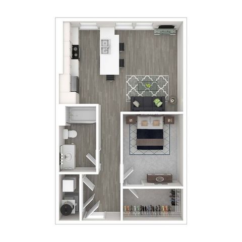 Modern floor plan showcasing one bedroom with a walk-in closet, bathroom, open-concept living and dining area, and a sleek kitchen with an island.