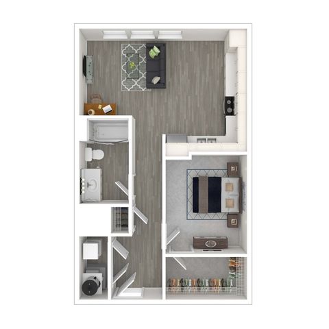Modern 1-bedroom apartment floor plan with open-concept living area, sleek kitchen, cozy bedroom, and well-appointed bathroom.