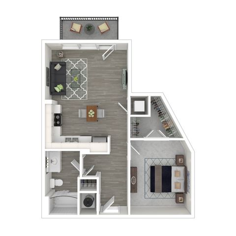 Modern floor plan with one bedroom, open living area, U-shaped kitchen, and cozy balcony.