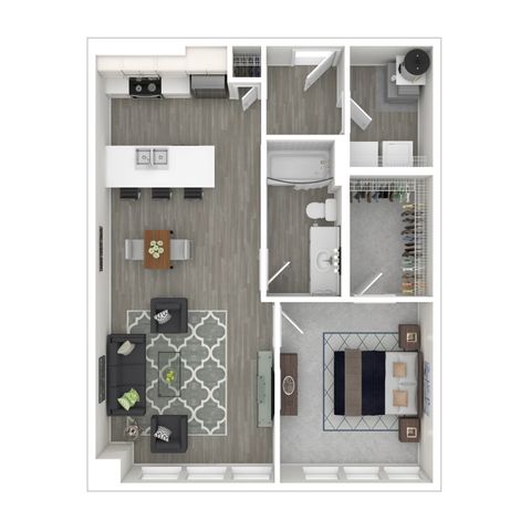 Modern 1-bedroom apartment floor plan with an open-concept living area, sleek kitchen with island, spacious bathroom, and ample closet space.