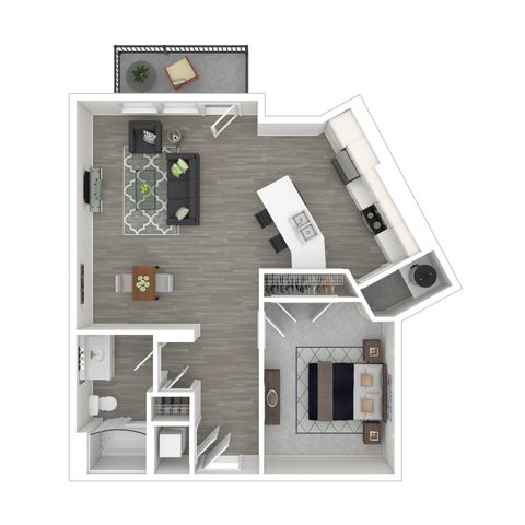 Modern 1-bedroom apartment floor plan featuring an open-concept living area, sleek kitchen with island, and a cozy balcony.