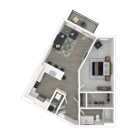 Elegant floor plan showcasing a spacious one-bedroom suite with modern amenities, open-concept kitchen, cozy living area, and a private balcony.