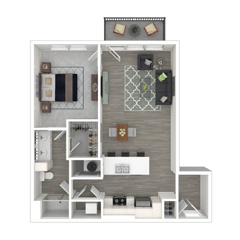 Modern floor plan showcasing 1 spacious bedroom, a stylish open-concept living and kitchen area, dual-sink bathroom, walk-in closet, and cozy balcony.