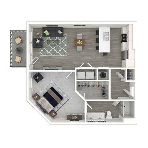 Modern floor plan showcasing one-bedroom apartment with open-concept living area, stylish kitchen with island, and private balcony.