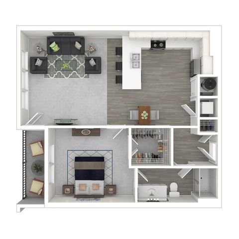 Modern 1-bedroom apartment floor plan with open-concept kitchen and living area, spacious walk-in closet, and stylish bathroom.