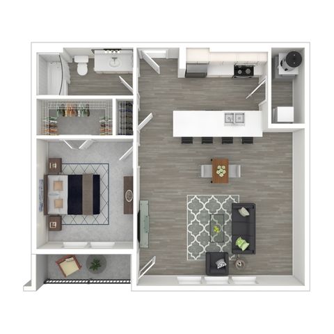 Modern apartment floor plan showcasing an open-concept living area, sleek kitchen with island, cozy bedroom, and stylish bathroom.