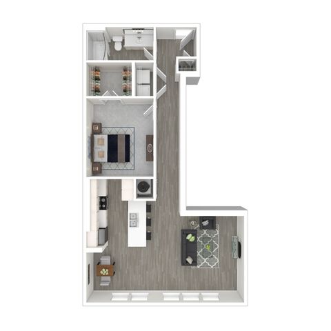 Modern 3D floor plan showcasing a chic one-bedroom apartment with open-concept living and dining areas, stylish kitchen, and ample storage space.