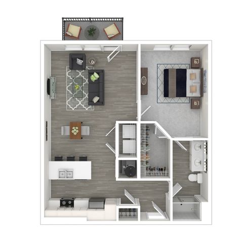 Modern floor plan showcasing 1 bedroom, spacious living room, and sleek kitchen with bar seating, featuring balcony space for relaxation.