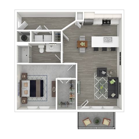 Modern one-bedroom apartment floor plan featuring an open-concept living area, stylish kitchen with island, cozy bedroom, and private balcony.