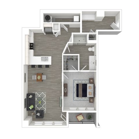 Modern 1-bedroom apartment floor plan featuring an open-concept kitchen and living area, spacious bathroom, and private balcony.