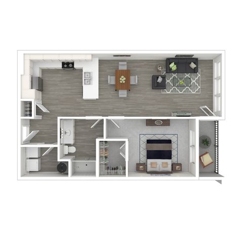 Modern 3D floor plan showcasing one-bedroom suite, open-concept kitchen, and cozy living area with abundant natural light.