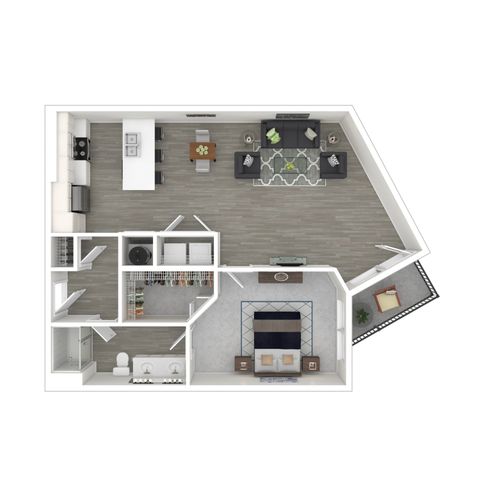 Modern floor plan showcasing 1 bedroom, spacious open-concept living and dining area, sleek kitchen with island seating, and a stylish bathroom.